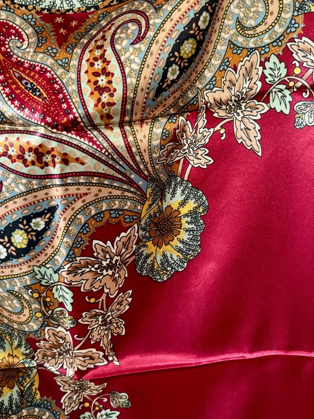 Boho Paisley Print Silky Satin Square Neck Scarf, Red Maroon Burgundy & Gold